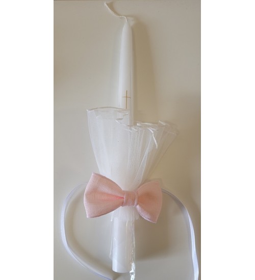 Krikšto žvakė su papuošimu 30 cm. Spalva balta / rožinė